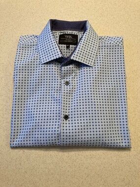 WRK Work Rest Karma Button-Down Shirt Blue Print 4-Way Stretch Men Sz 16.5 NWOT